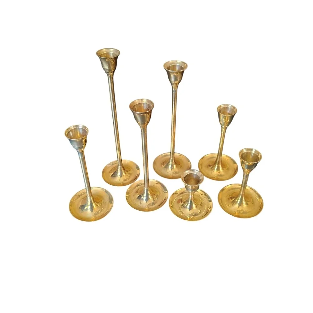 Vintage 7 Pc Brass Candle Holder Set Graduating Sizes